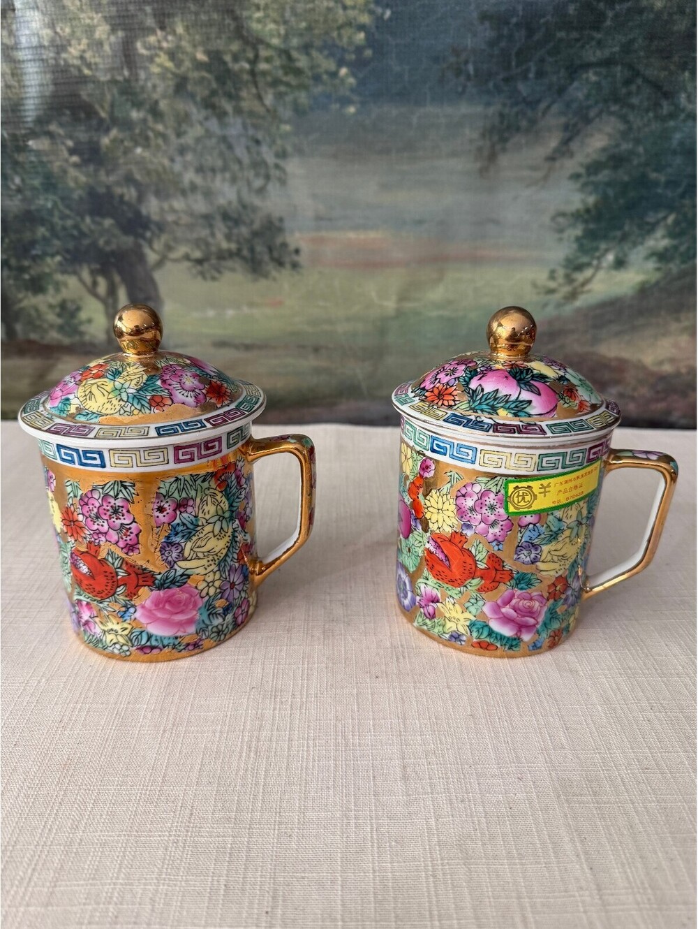 Pair of Chinese Famille Rose Porcelain Lidded Mugs